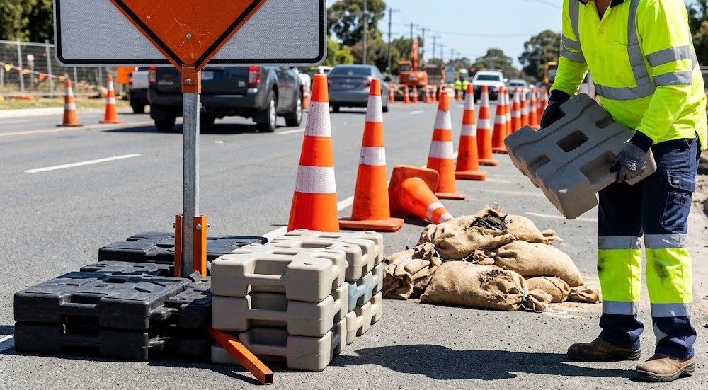 Reusable weight system as an alternative to traditional sand bags for traffic control equipment