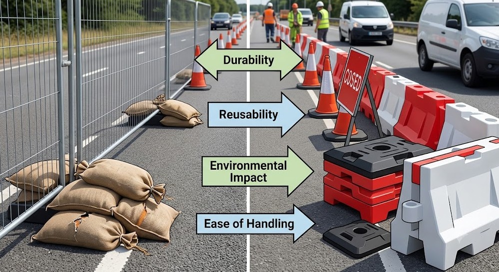 Traditional sandbags compared with reusable traffic control weight systems