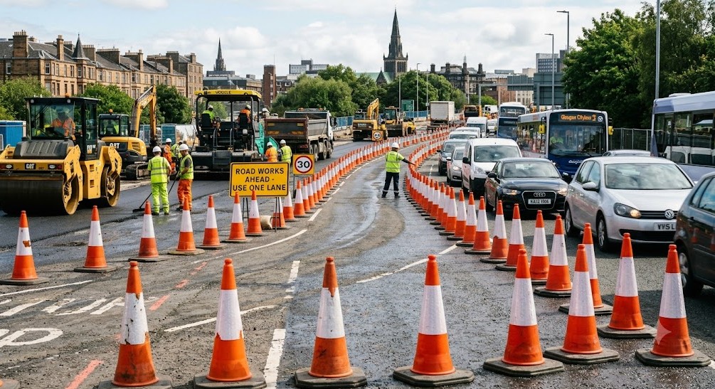image showing traffic cones on an active construction road.