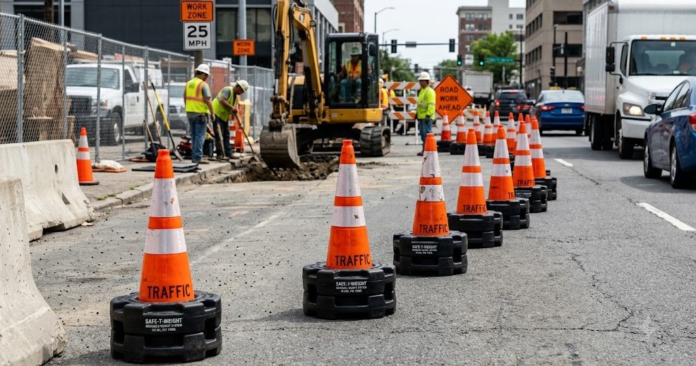 Traffic cones secured with reusable traffic control weight system at a construction site